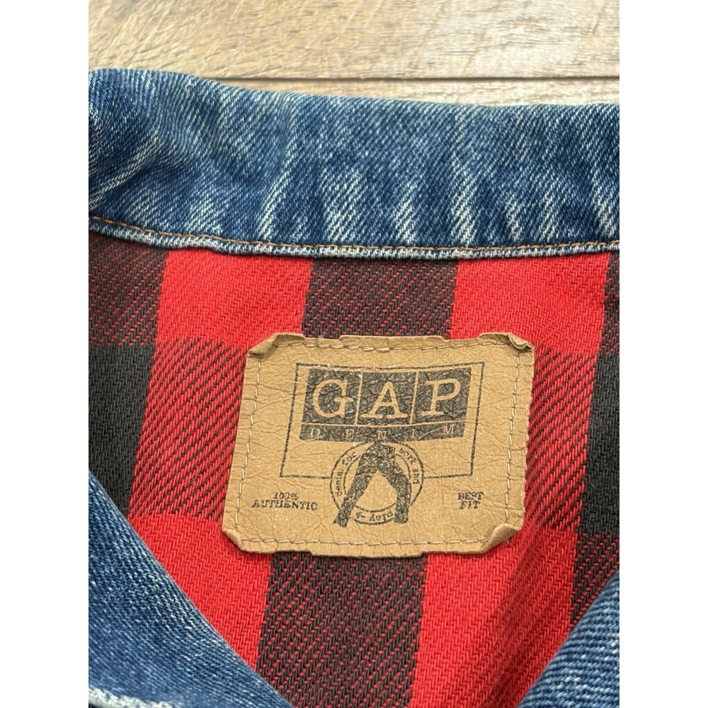 Vintage 80s 90s Led Zeppelin GAP Plaid Lined Denim Trucker Jacket Small Blue USA - Picture 3 of 12